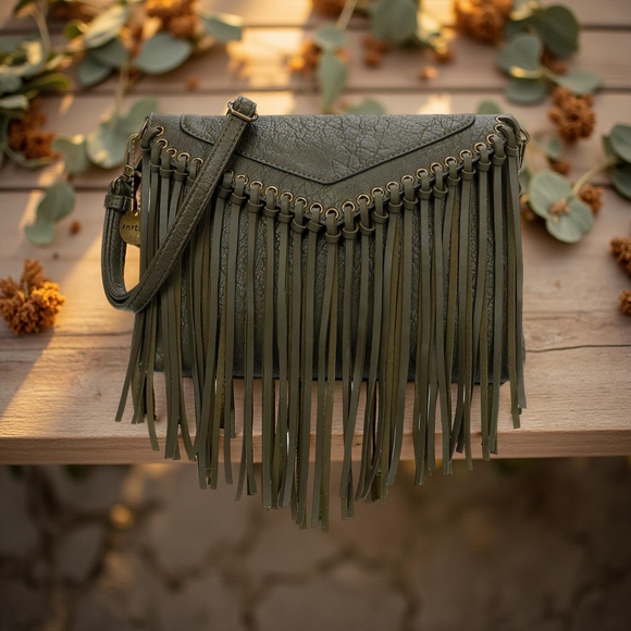 Ampere Creations Handbags - New Ampere Creations Army Green Fringe Crossbody Bag